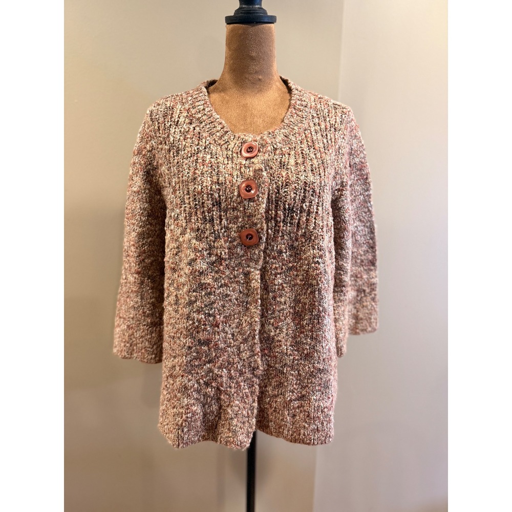 Christopher & Banks Chunky Cardigan Women L Pink Marled Knit Button Grandmacore